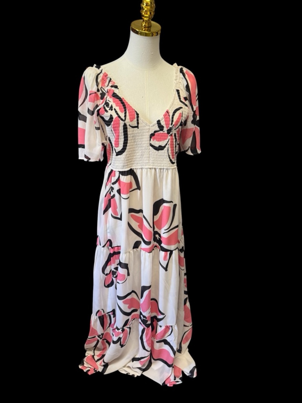 Smocked V-Neck White Maxi Dress with Pink Floral Print